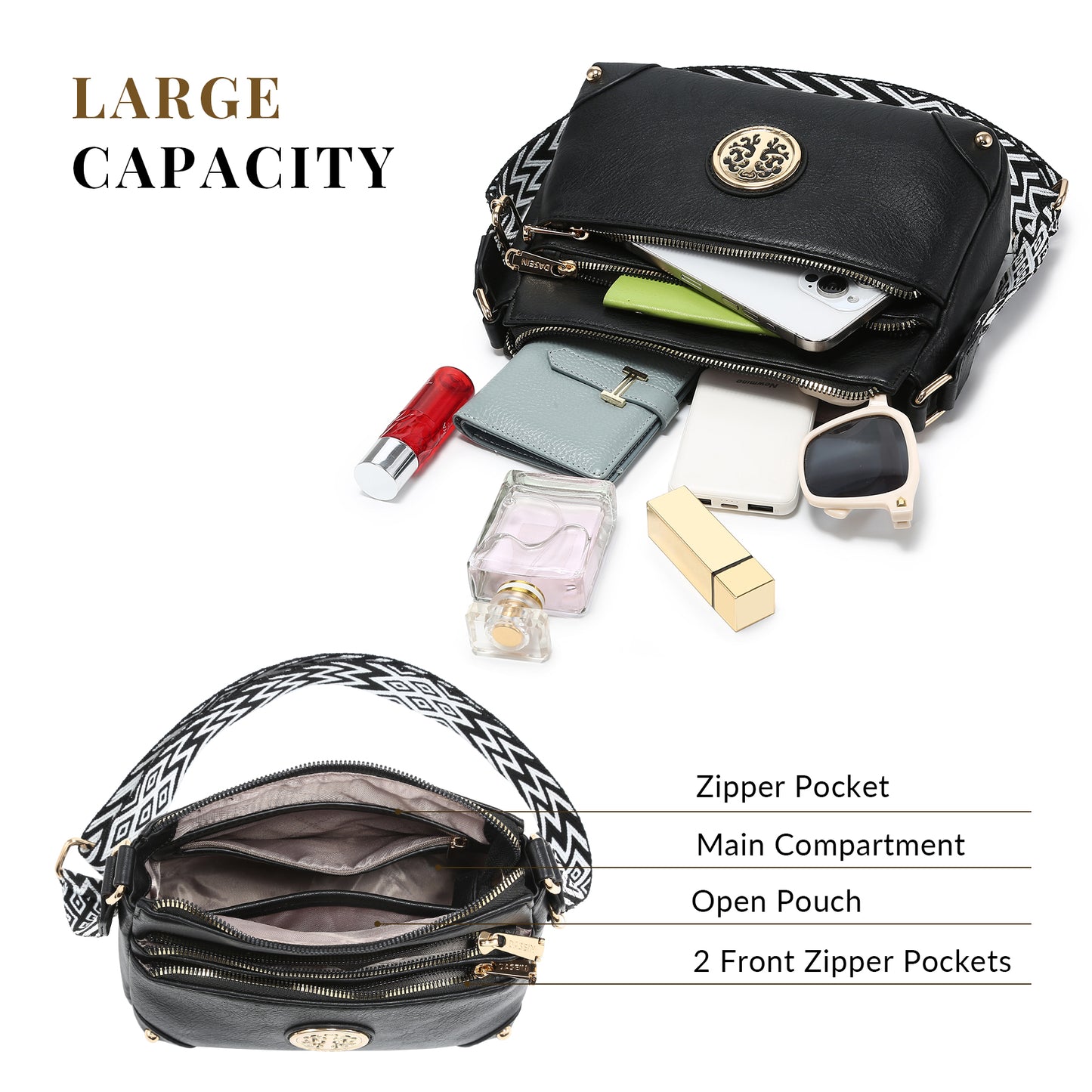 Dasein Crossbody Purses for Women Trendy Multi Pockets Shoulder Bag Medium Handbags with Guitar Strap