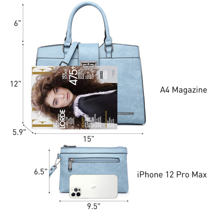 Solid-Color Satchel Handbag with Matching Wallet