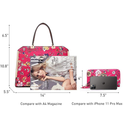 Floral Print Emblem Handbag with Matching Wallet - Dasein Bags