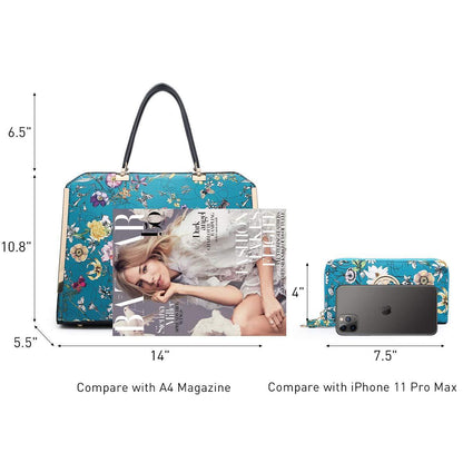 Floral Print Emblem Handbag with Matching Wallet - Dasein Bags