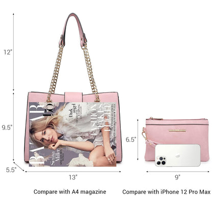 Women Fashion Chain Fashion Belt lock Tote Bags With Matching Clutch Dasein - Dasein Bags