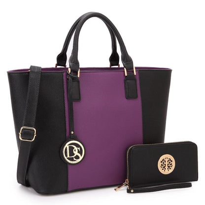 Fashion Stitching Color Large Tote Bag with Matching Wallet l Dasein - Dasein Bags