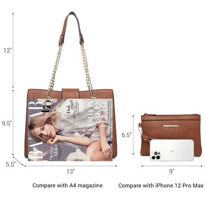Women Fashion Chain Fashion Belt lock Tote Bags With Matching Clutch Dasein - Dasein Bags
