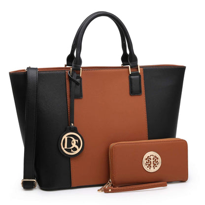 Fashion Stitching Color Large Tote Bag with Matching Wallet l Dasein - Dasein Bags