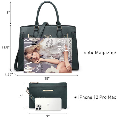 Ladies Shoulder Bag Top Handle Satchel Tote Work Bag with Matching Clutch l Dasein - Dasein Bags