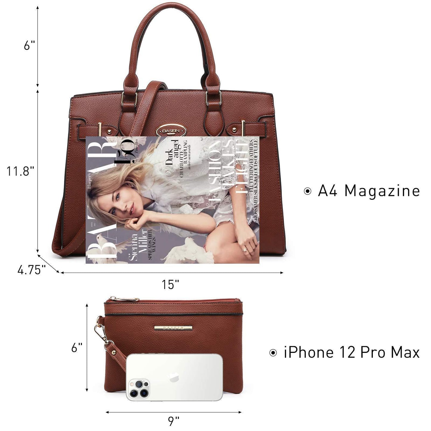 Ladies Shoulder Bag Top Handle Satchel Tote Work Bag with Matching Clutch l Dasein - Dasein Bags