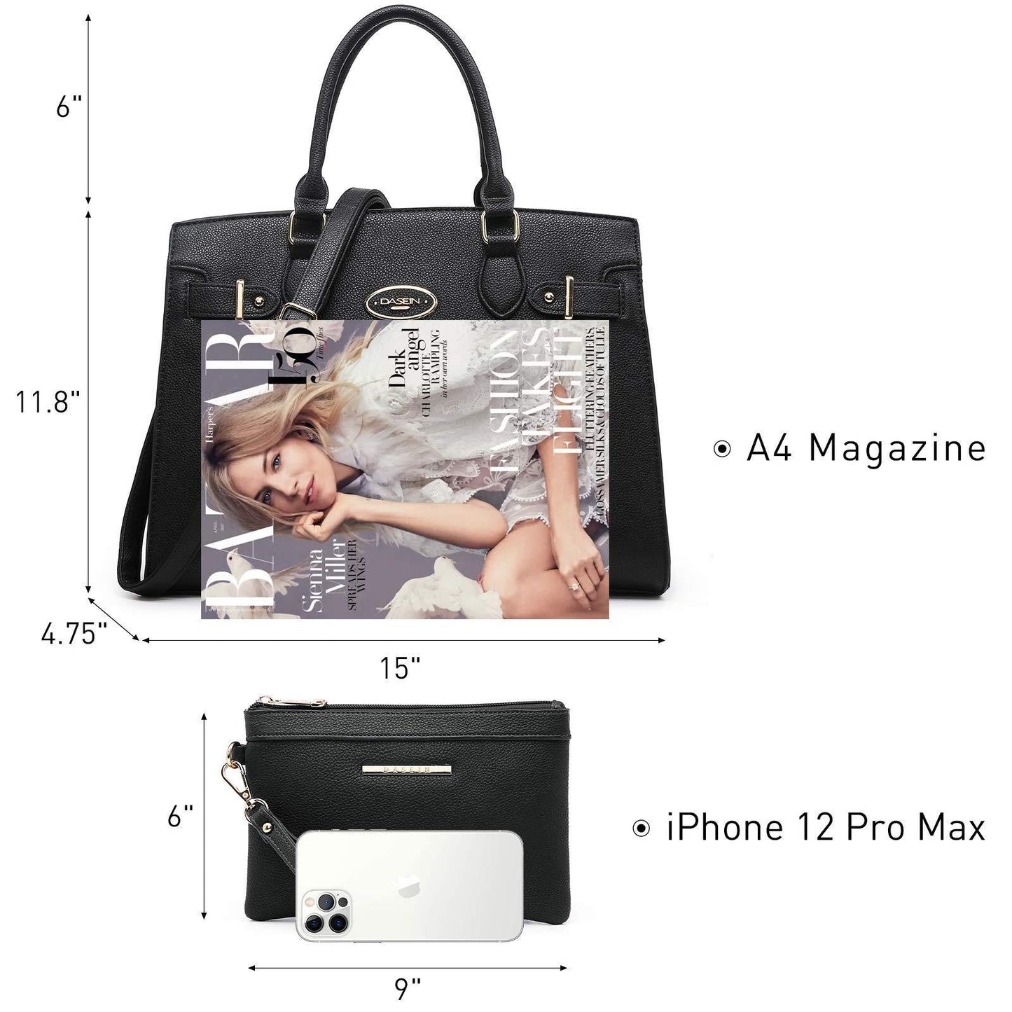 Ladies Shoulder Bag Top Handle Satchel Tote Work Bag with Matching Clutch l Dasein - Dasein Bags