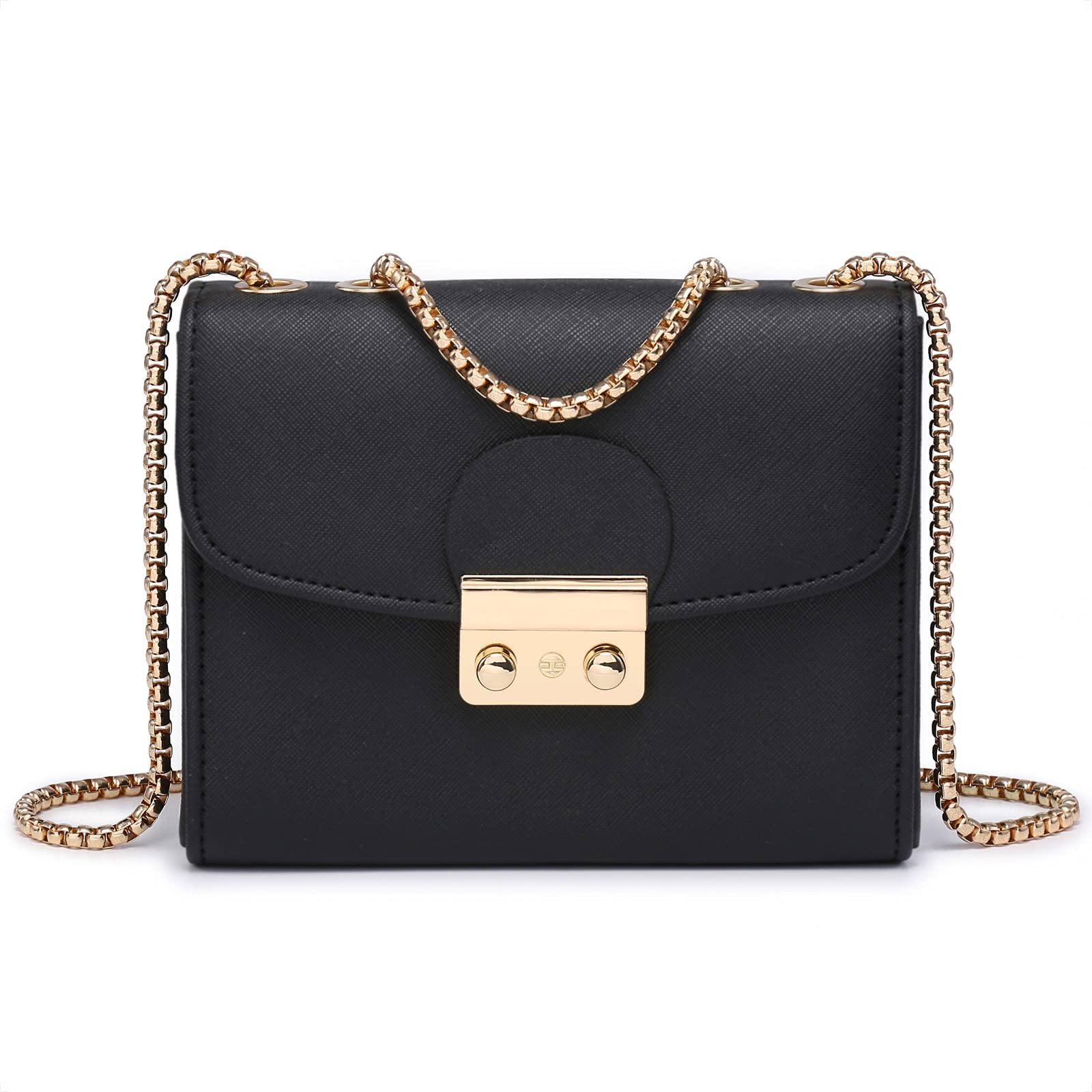 Push Lock Lightweight Vegan Leather Crossbody Bag With Chain Strap