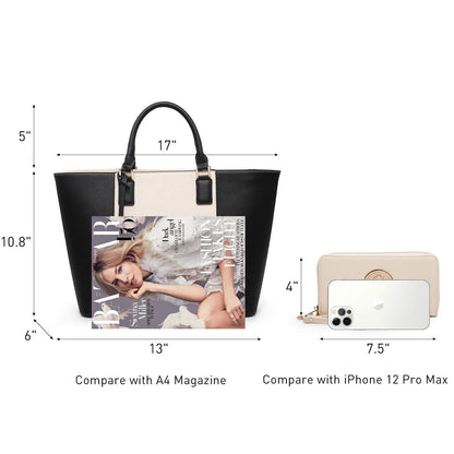 Fashion Stitching Color Large Tote Bag with Matching Wallet l Dasein - Dasein Bags