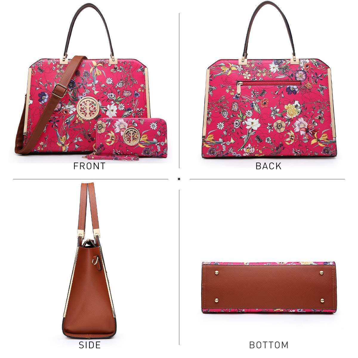 Floral Print Emblem Handbag with Matching Wallet - Dasein Bags