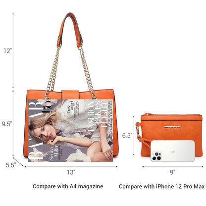 Women Fashion Chain Fashion Belt lock Tote Bags With Matching Clutch Dasein - Dasein Bags