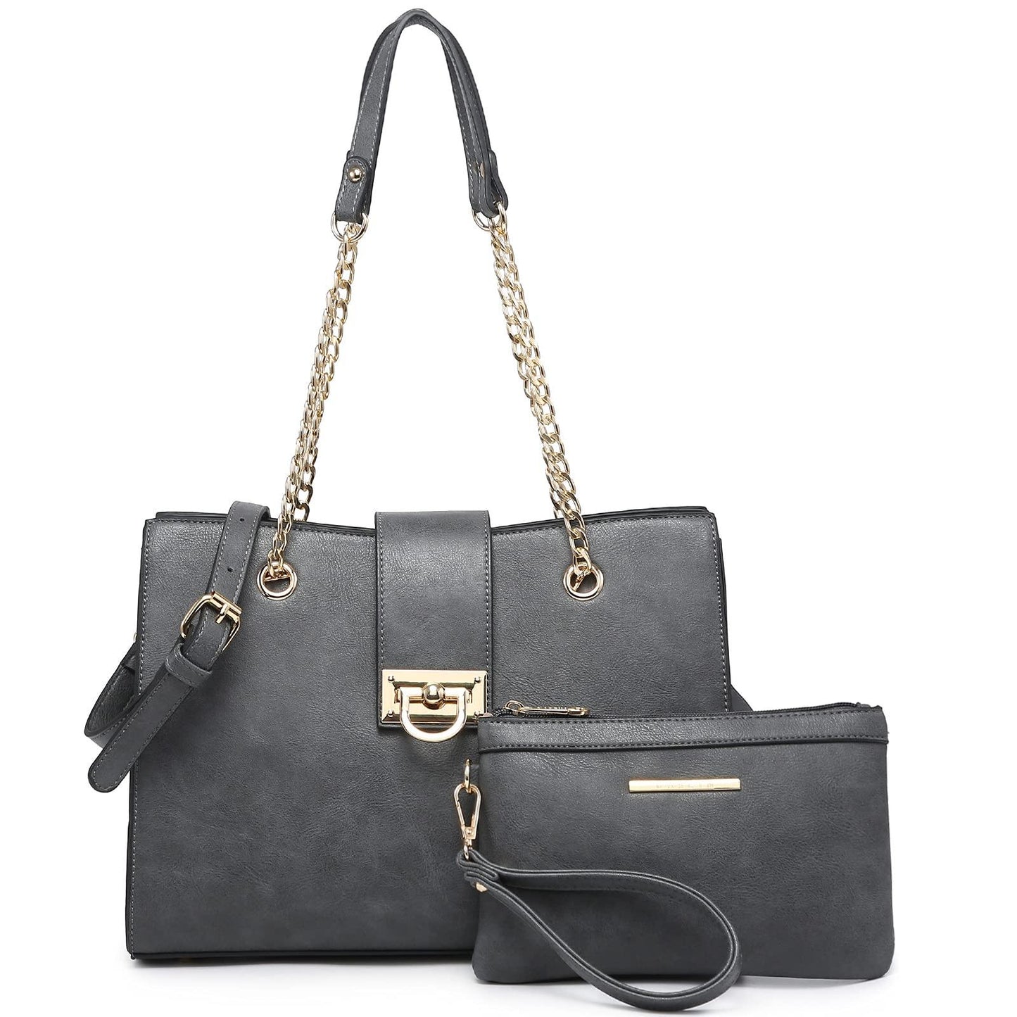 Women Fashion Chain Fashion Belt lock Tote Bags With Matching Clutch Dasein - Dasein Bags