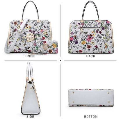 Floral Print Emblem Handbag with Matching Wallet - Dasein Bags