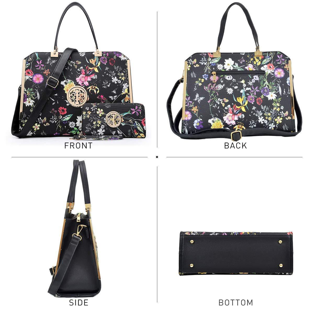 Floral Print Emblem Handbag with Matching Wallet - Dasein Bags
