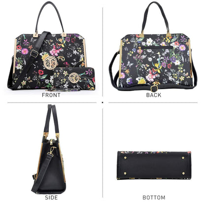Floral Print Emblem Handbag with Matching Wallet - Dasein Bags