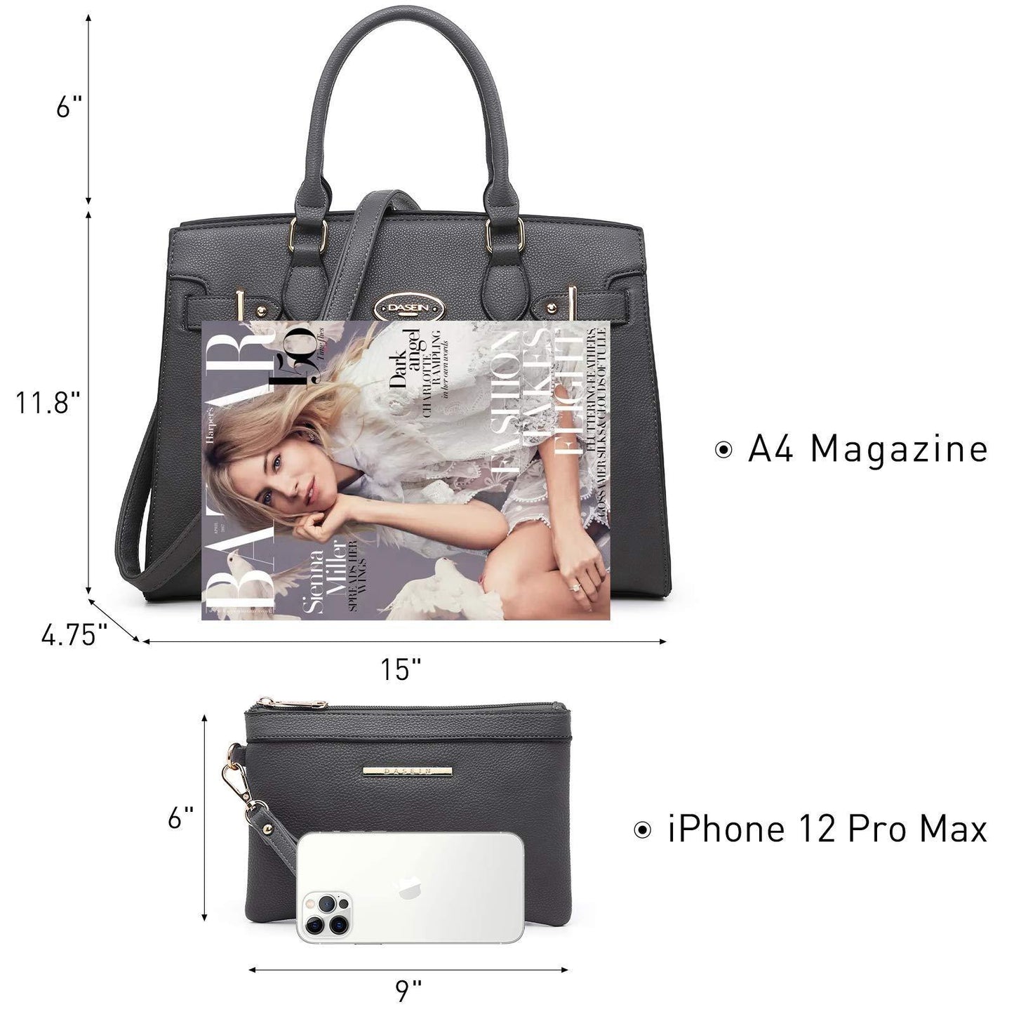 Ladies Shoulder Bag Top Handle Satchel Tote Work Bag with Matching Clutch l Dasein - Dasein Bags