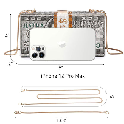 Stack of Cash Dollars Clutch Party Purse Crystal Evening Bag Cocktail for Women - Dasein Bags