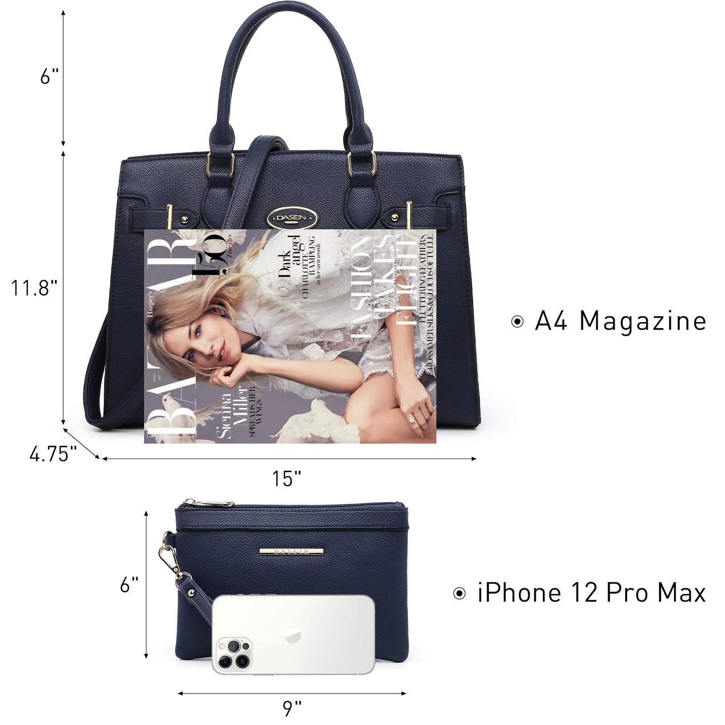 Ladies Shoulder Bag Top Handle Satchel Tote Work Bag with Matching Clutch l Dasein - Dasein Bags