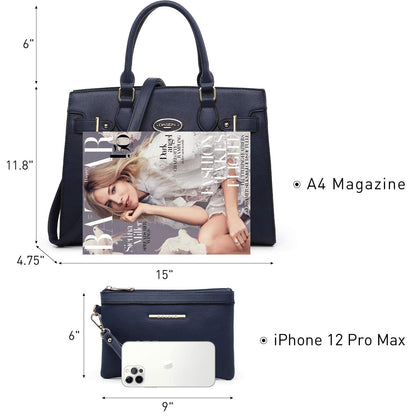 Ladies Shoulder Bag Top Handle Satchel Tote Work Bag with Matching Clutch l Dasein - Dasein Bags