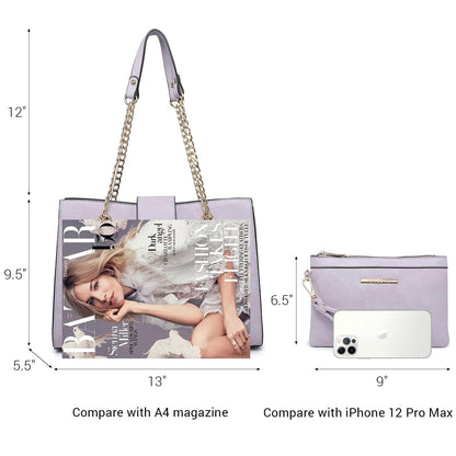 Women Fashion Chain Fashion Belt lock Tote Bags With Matching Clutch Dasein - Dasein Bags