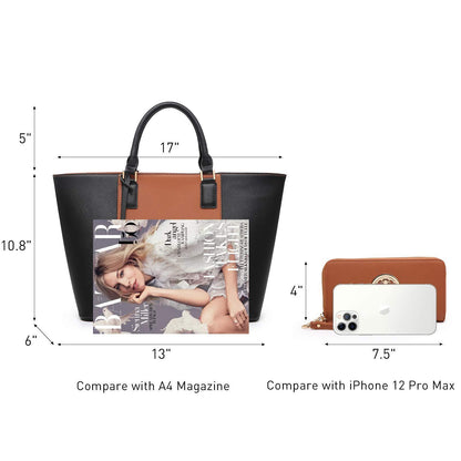 Fashion Stitching Color Large Tote Bag with Matching Wallet l Dasein - Dasein Bags