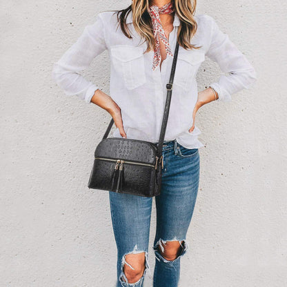 Fashion Embossed Pattern Tassel Crossbody Bag - Dasein Bags
