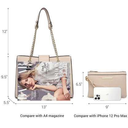 Women Fashion Chain Fashion Belt lock Tote Bags With Matching Clutch Dasein - Dasein Bags