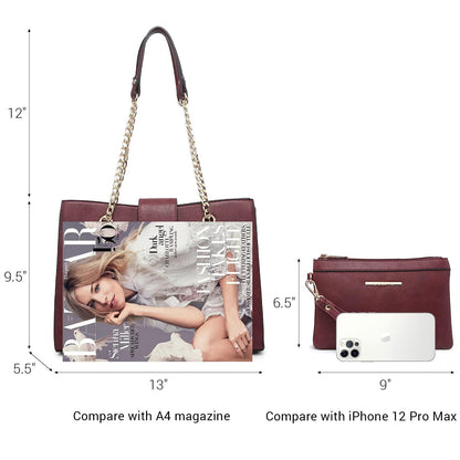 Women Fashion Chain Fashion Belt lock Tote Bags With Matching Clutch Dasein - Dasein Bags