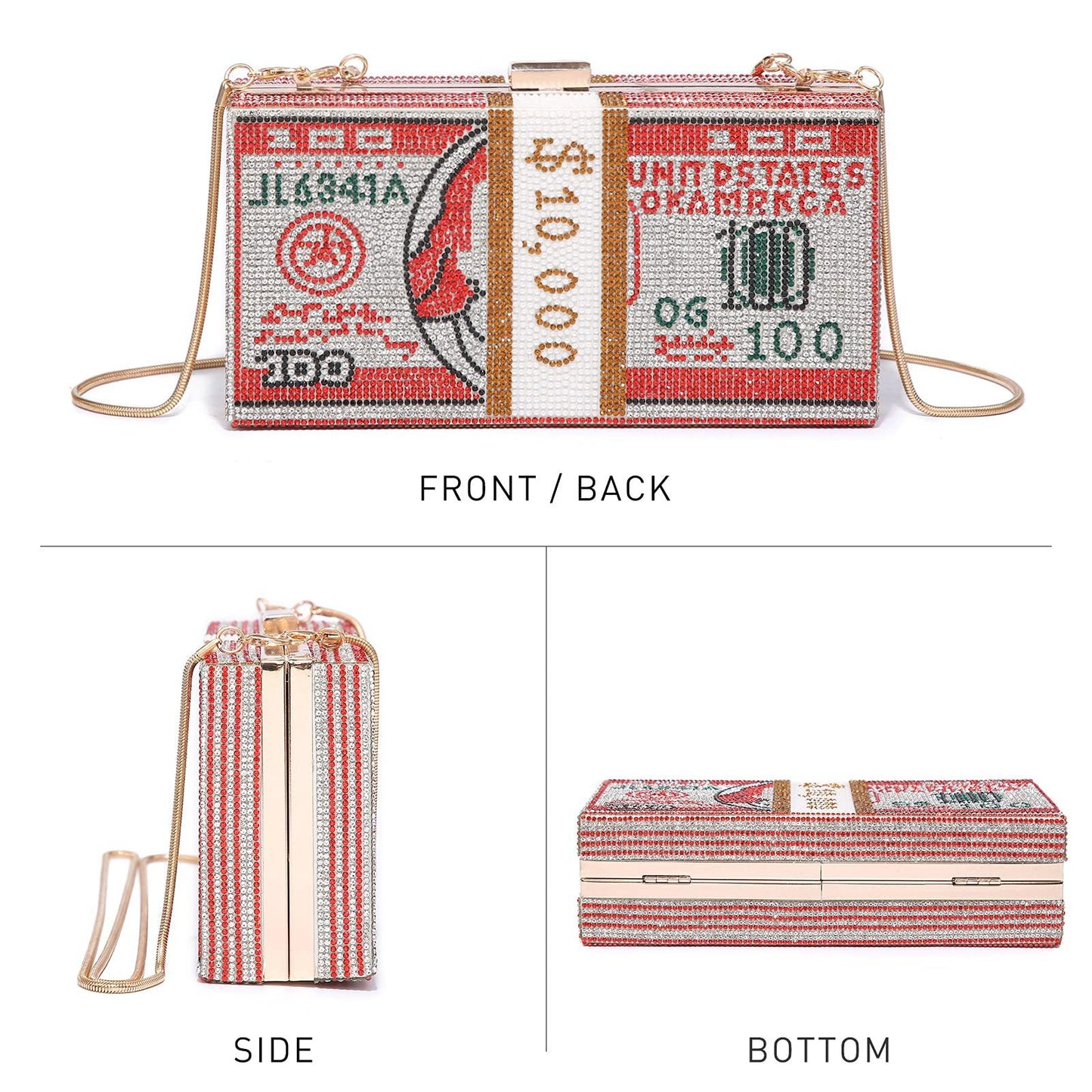 Stack of Cash Dollars Clutch Party Purse Crystal Evening Bag Cocktail for Women - Dasein Bags