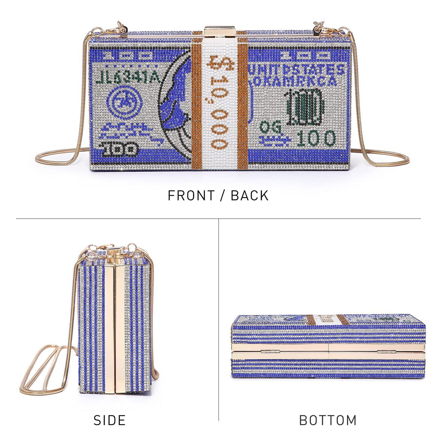 Stack of Cash Dollars Clutch Party Purse Crystal Evening Bag Cocktail for Women - Dasein Bags