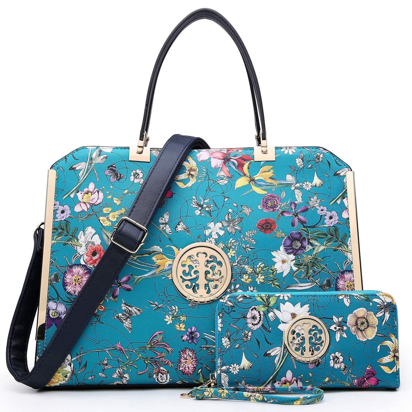 Floral Print Emblem Handbag with Matching Wallet - Dasein Bags