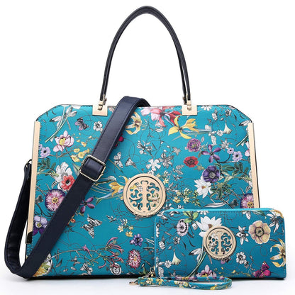 Floral Print Emblem Handbag with Matching Wallet - Dasein Bags