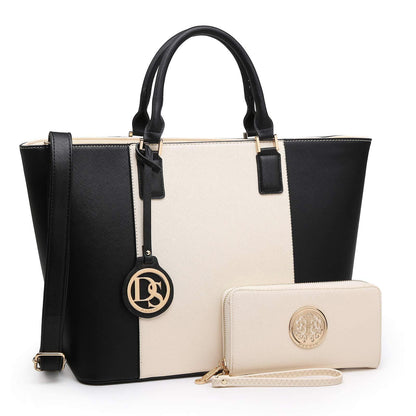 Fashion Stitching Color Large Tote Bag with Matching Wallet l Dasein - Dasein Bags