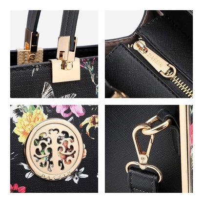 Floral Print Emblem Handbag with Matching Wallet - Dasein Bags