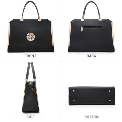 Metal Edged Emblem Handbag with Matching Wallet - Dasein Bags