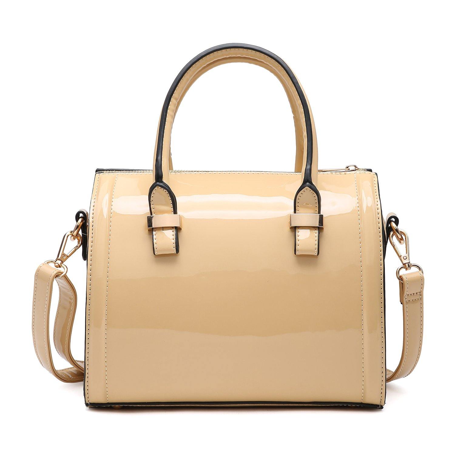 Shiny Patent Faux Leather Barrel Top Handle Satchel Bag for Women Dasein - Dasein Bags