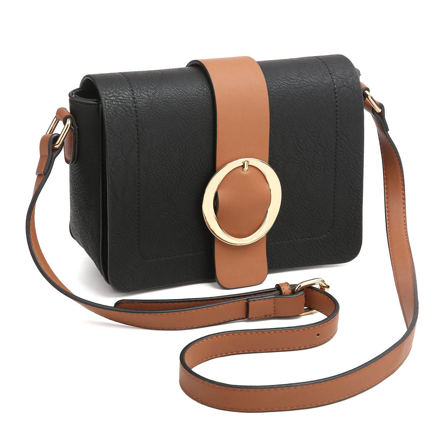 Dasein Round Buckle Detailed Front Flap Cross Body Bag - Black