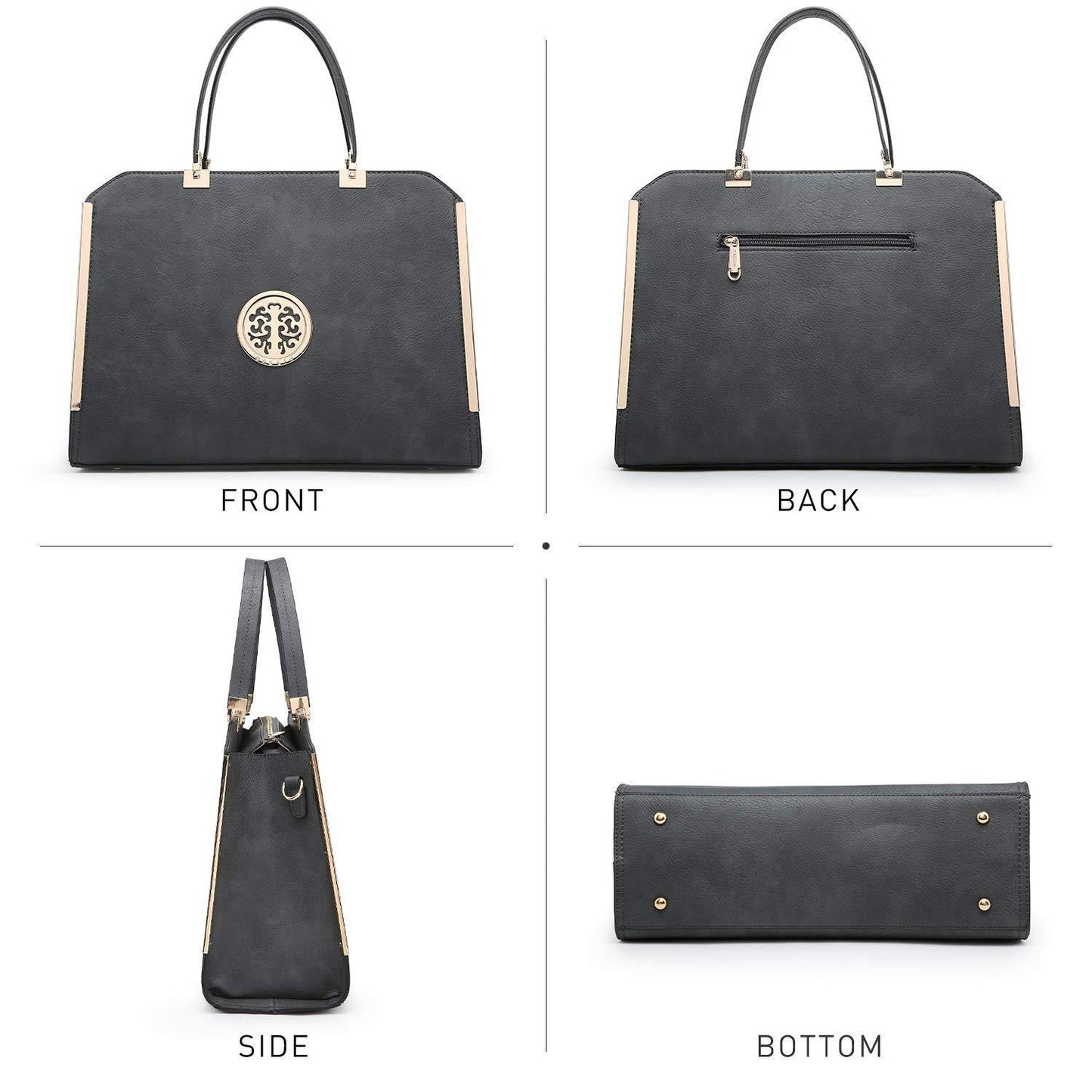 Metal Edged Emblem Handbag with Matching Wallet - Dasein Bags