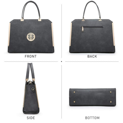 Metal Edged Emblem Handbag with Matching Wallet - Dasein Bags