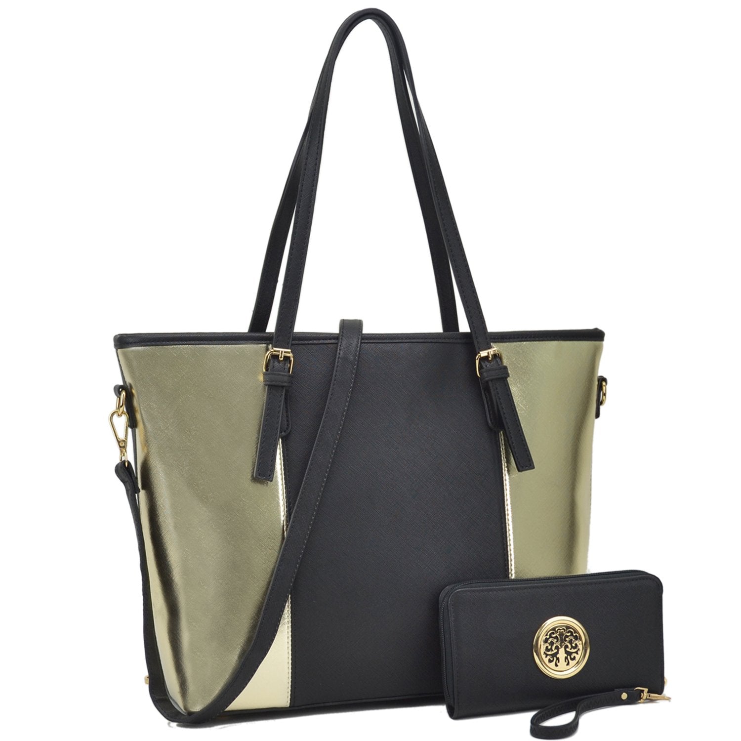 Two-Tone Tote with Matching Wallet-Handbags & Purses-Dasein Bags