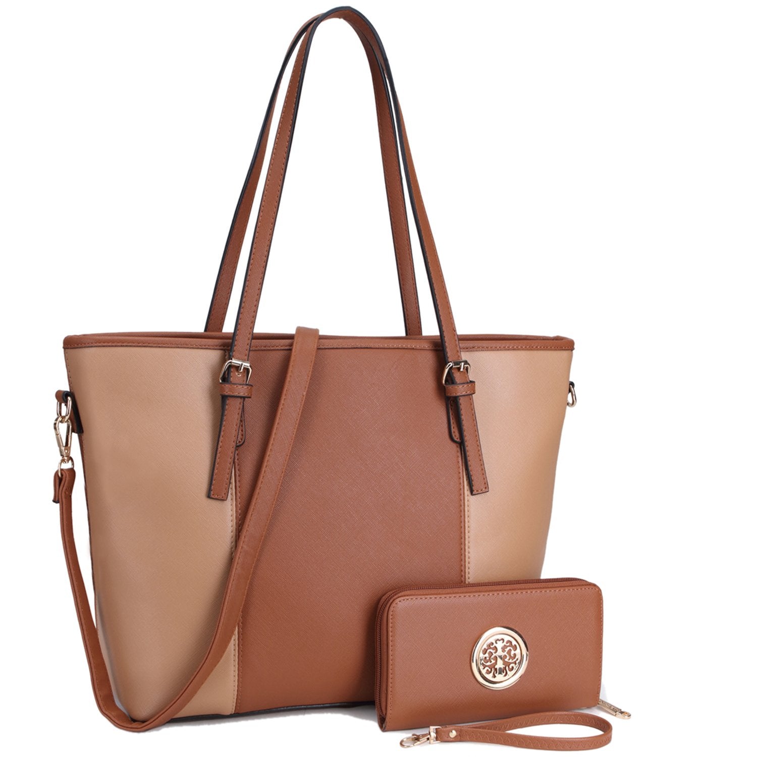 Two-Tone Tote with Matching Wallet-Handbags & Purses-Dasein Bags