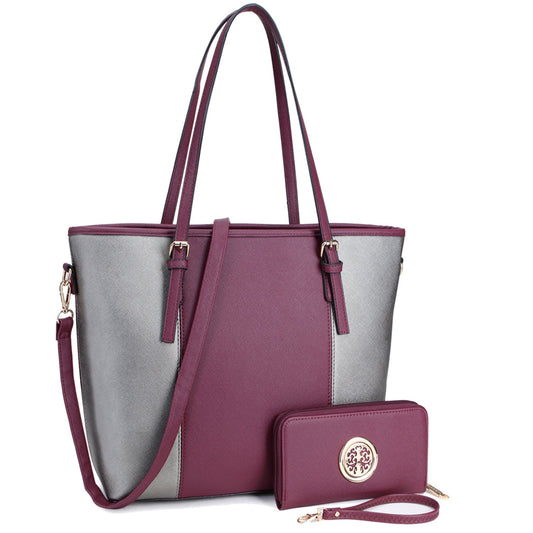 Two-Tone Tote with Matching Wallet-Handbags & Purses-Dasein Bags