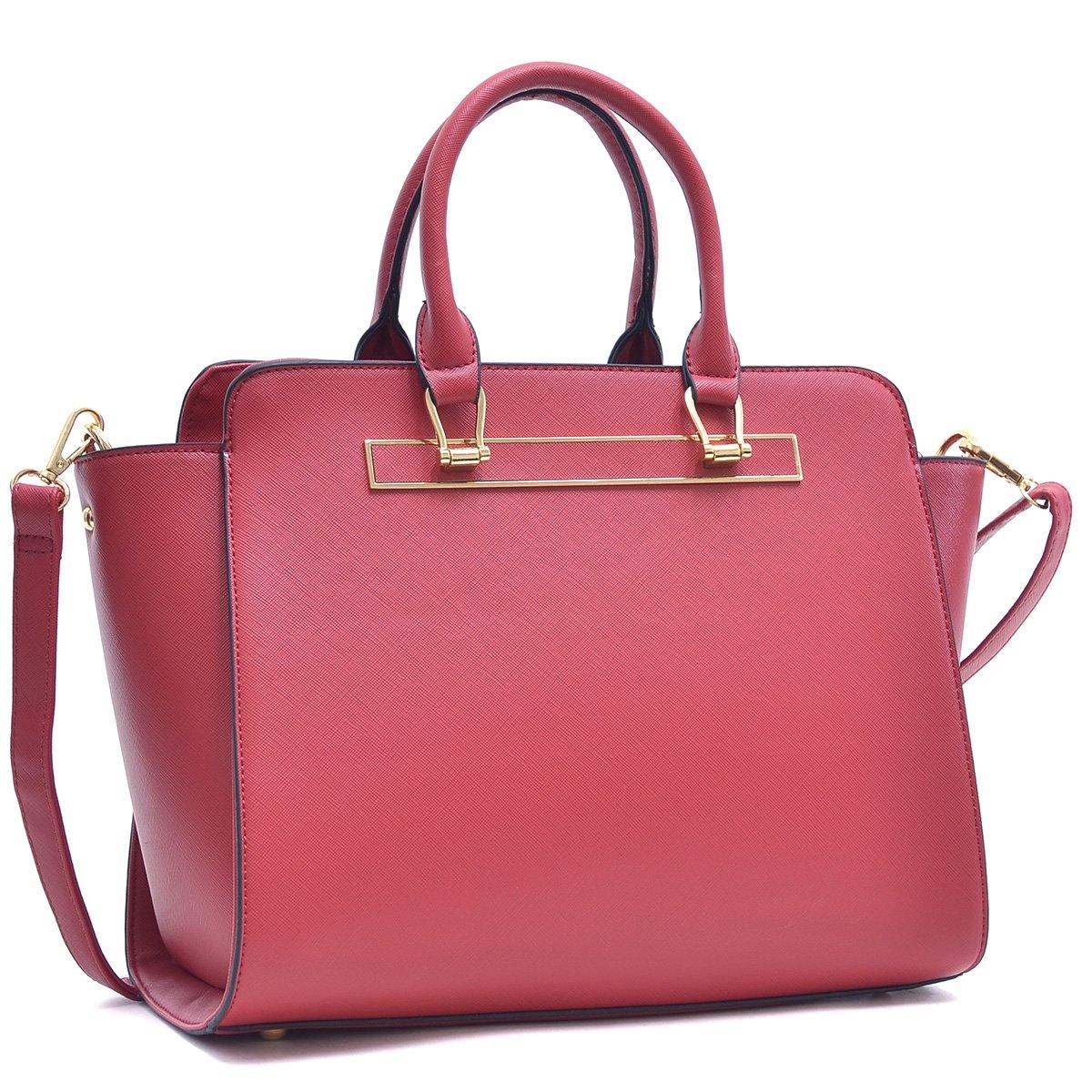 Dasein Faux Saffiano Leather Winged Satchel with Shoulder Strap - Dasein Bags