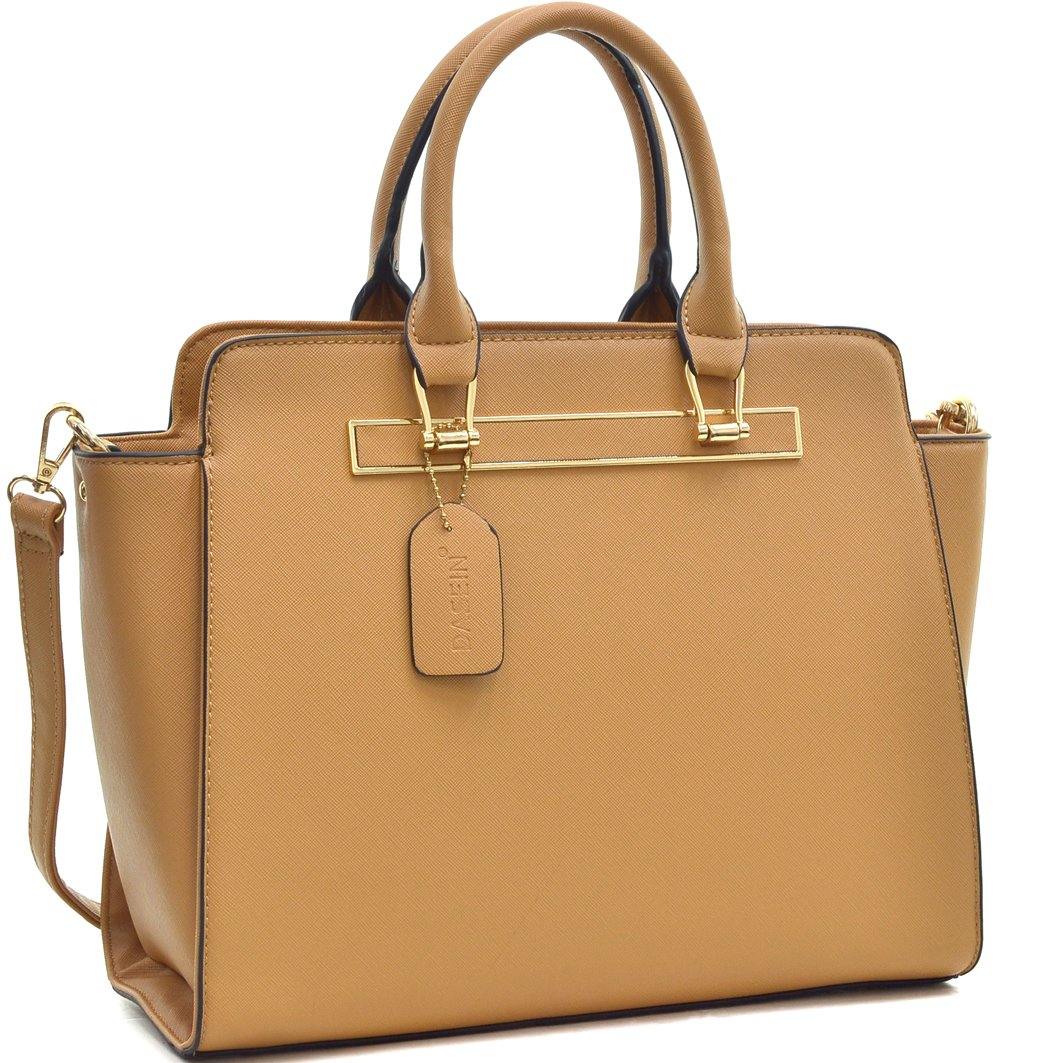Dasein Faux Saffiano Leather Winged Satchel with Shoulder Strap - Dasein Bags