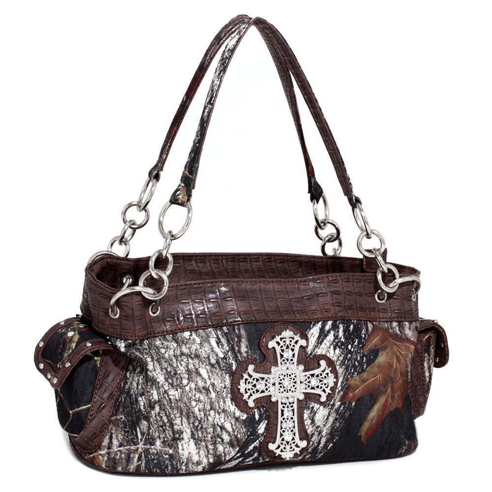 Mossy Oak Wide Camouflage Shoulder Bag with Rhinestone Cross - Dasein Bags