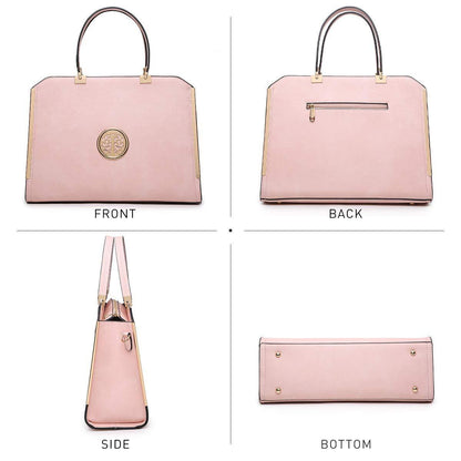 Metal Edged Emblem Handbag with Matching Wallet - Dasein Bags