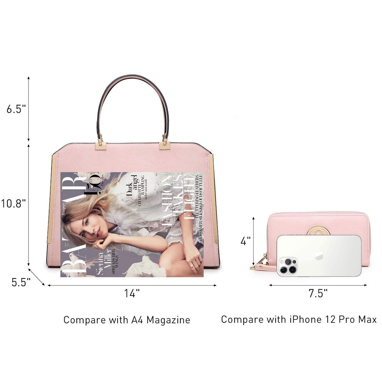 Metal Edged Emblem Handbag with Matching Wallet - Dasein Bags