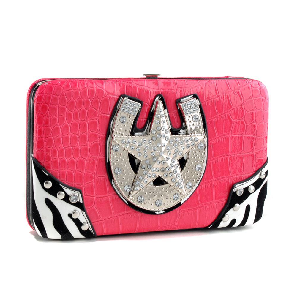 Western Frame Wallet with Star Horseshoe Emblem and Zebra Print Trim - Dasein Bags