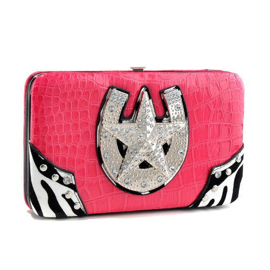 Western Frame Wallet with Star Horseshoe Emblem and Zebra Print Trim - Dasein Bags