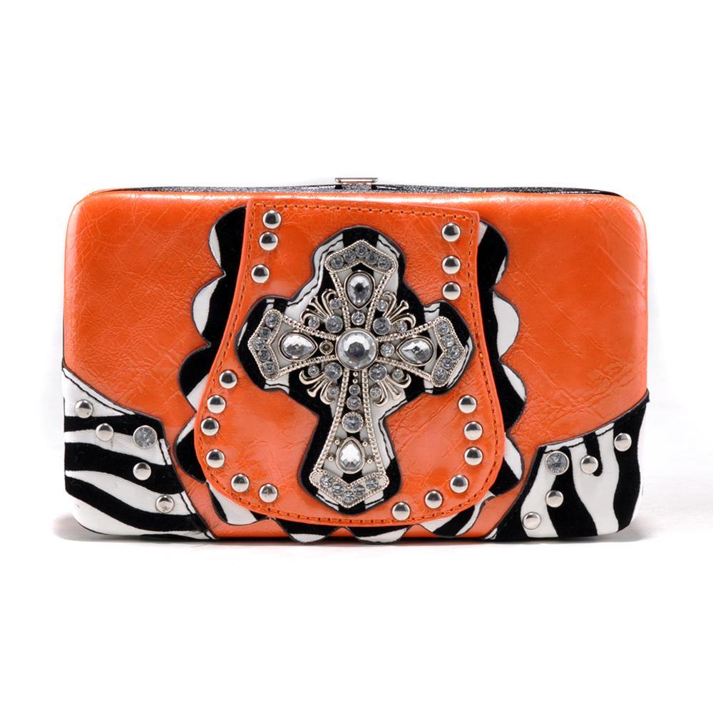 Rhinestone Cross Frame Wallet with Zebra Trim and Studs - Dasein Bags